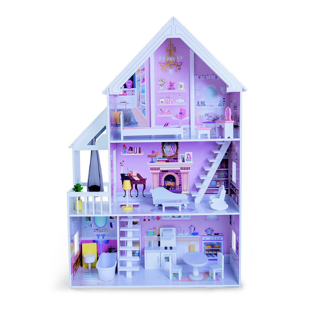 Moni Puppenhaus Holz 4127 Cinderella 15-tlg. Möbelset 3 Etagen 4 Zimmer Terrasse lila