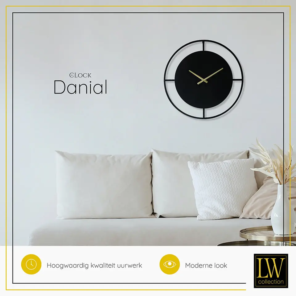LW Collection Wandklok Danial zwart goud 60cm
