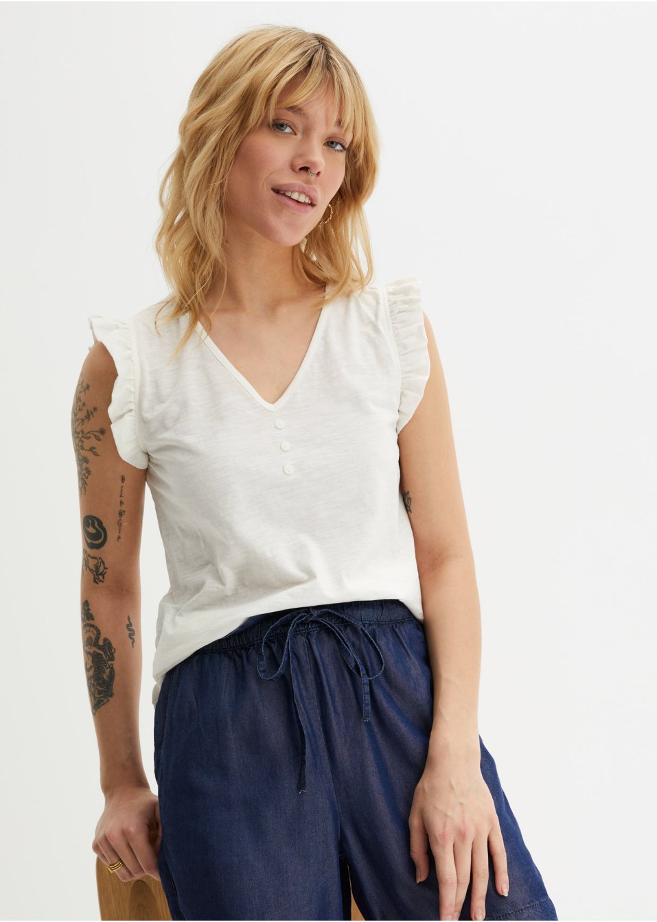 Top en fil flammé avec détail ruché en coton