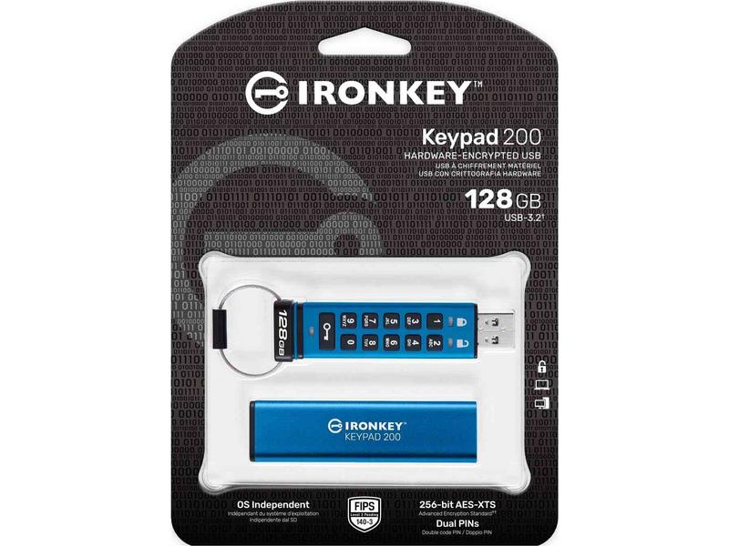 Kingston USB-Stick IronKey Keypad 200 128 GB Verschlüsselter USB-Stick mit Tastatur