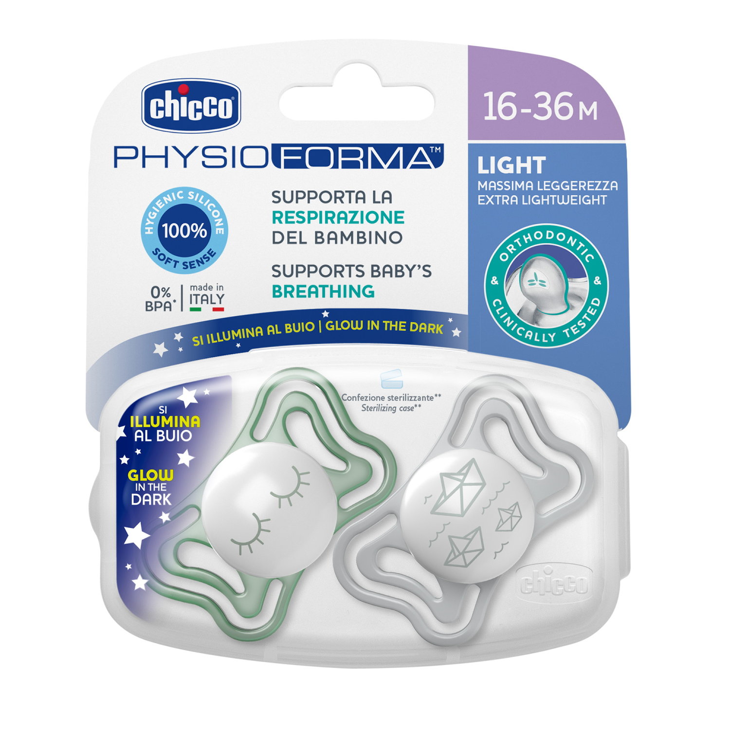 CHICCO Physiologischer Beruhigungssauger PHYSIO FORMA LIGHT Silikon GLOWING NEUTRAL 16-36m 2 Stk