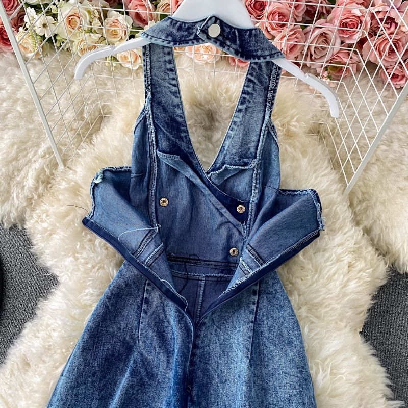 Yearnin - Denim jumpsuit met hoge taille, wijde pijpen en open rug