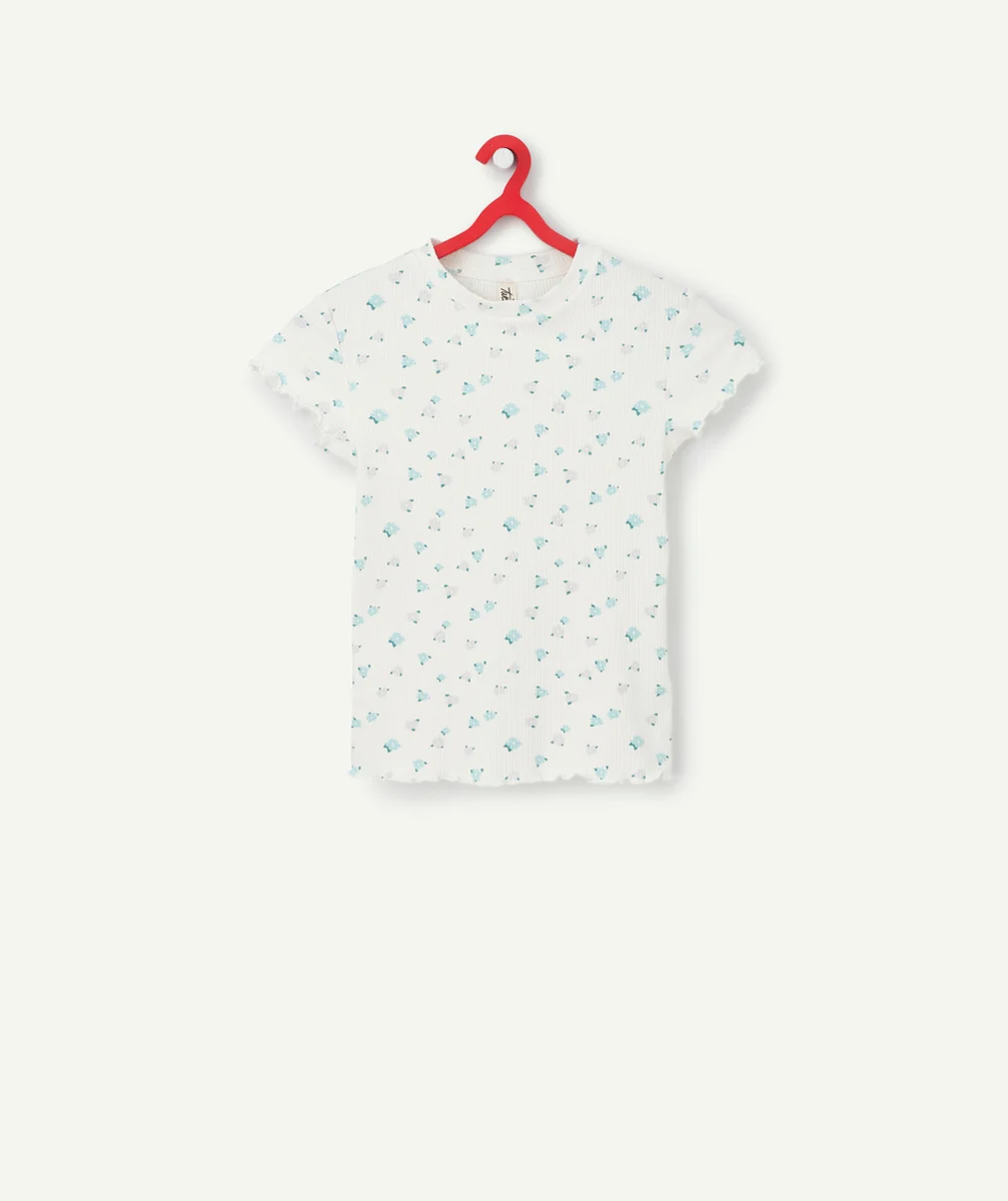 T-SHIRT FILLE EN COTON BIO BLANC CÔTELÉ ET IMPRIMÉ FLEURI