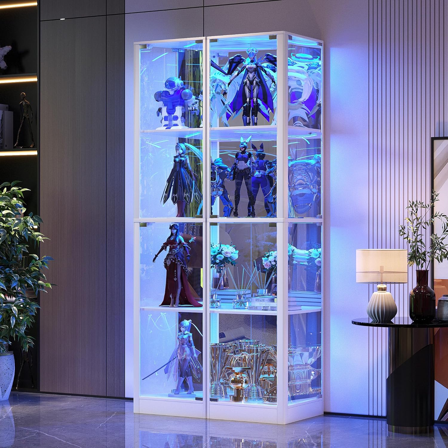 FREDEES Vitrine mit Glastüren, Eck-Kuriositätenschränke mit LED-Beleuchtung, 4-stöckige Glasvitrine für Sammlerstücke/Spielzeug/Bücher, Verspiegelter Aufbewahrungsschrank, Weiß