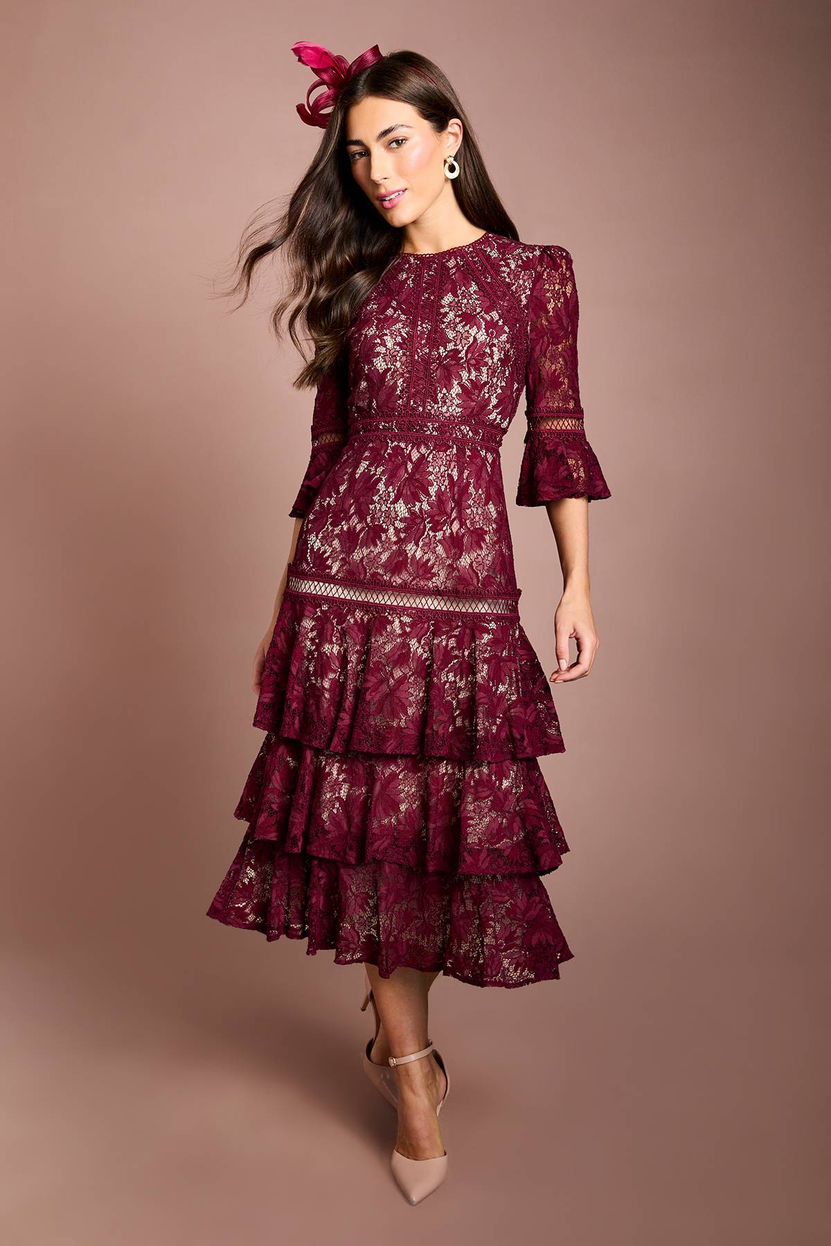 Coast Robe Midi À Manches 3/4 Avec Jupe En Dentelle À Volants Étagés