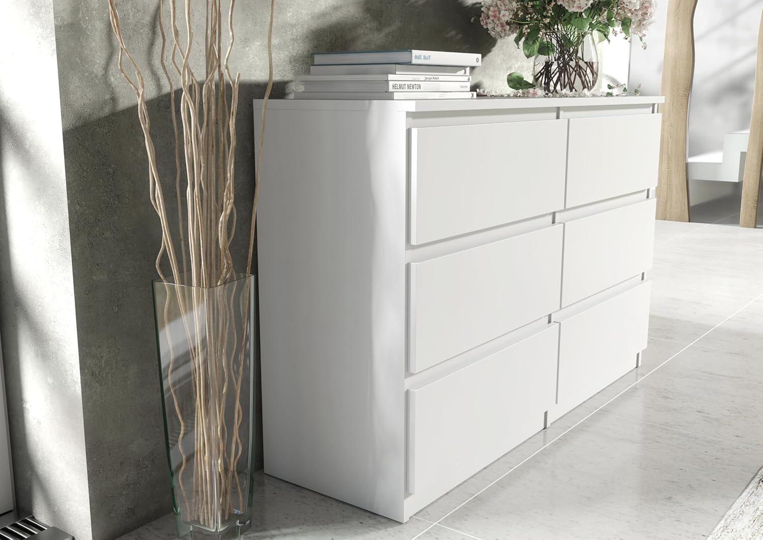 meble masztalerz Kommode 120 cm Breit - Modernes Sideboard - Schrank mit 6 Schubladen - Schubladenschrank - Kommodenschrank für Wohnzimmer, Flur, Schlafzimmer - Weiß 120x78,5x39 cm