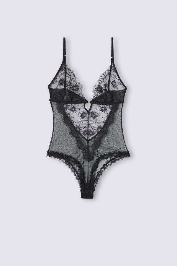 Body sensual de tule e renda com estampa floral