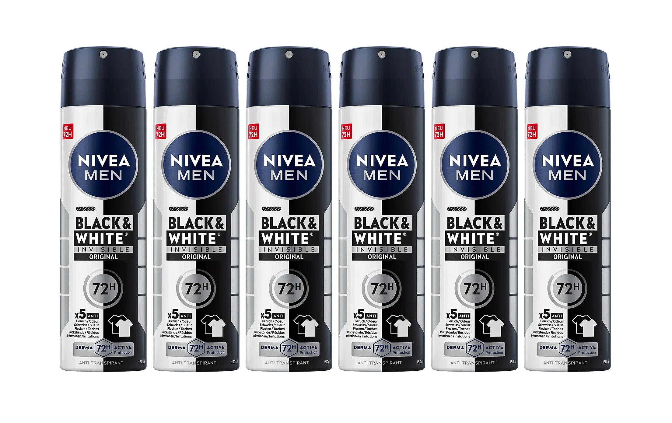 Deo Spray Black and White 6 x 150 mlDeo mit Anti-gelb Fleckenbildung auf weisser Kleidung hinterlässt keine weissen Rückstände auf schwarzer Kleidung