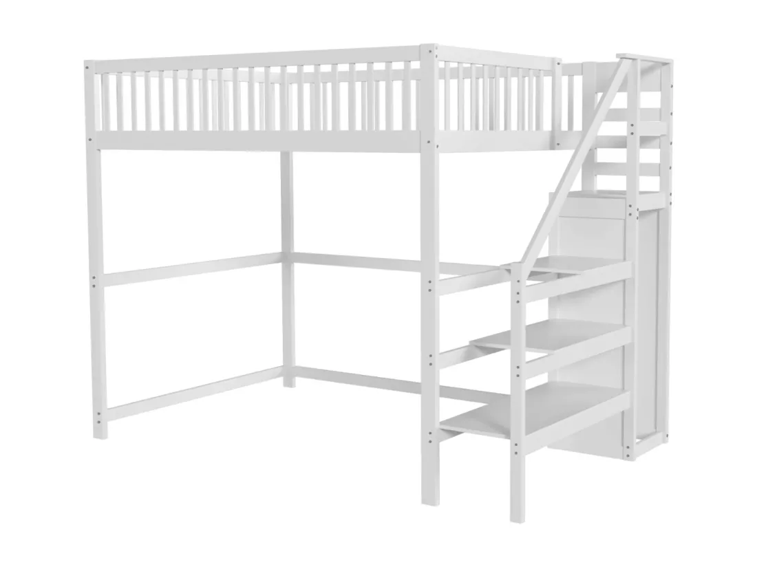 Lit mezzanine 140x200cm - lit enfant avec escalier avec armoir, sommier à lattes, antichute - blanc