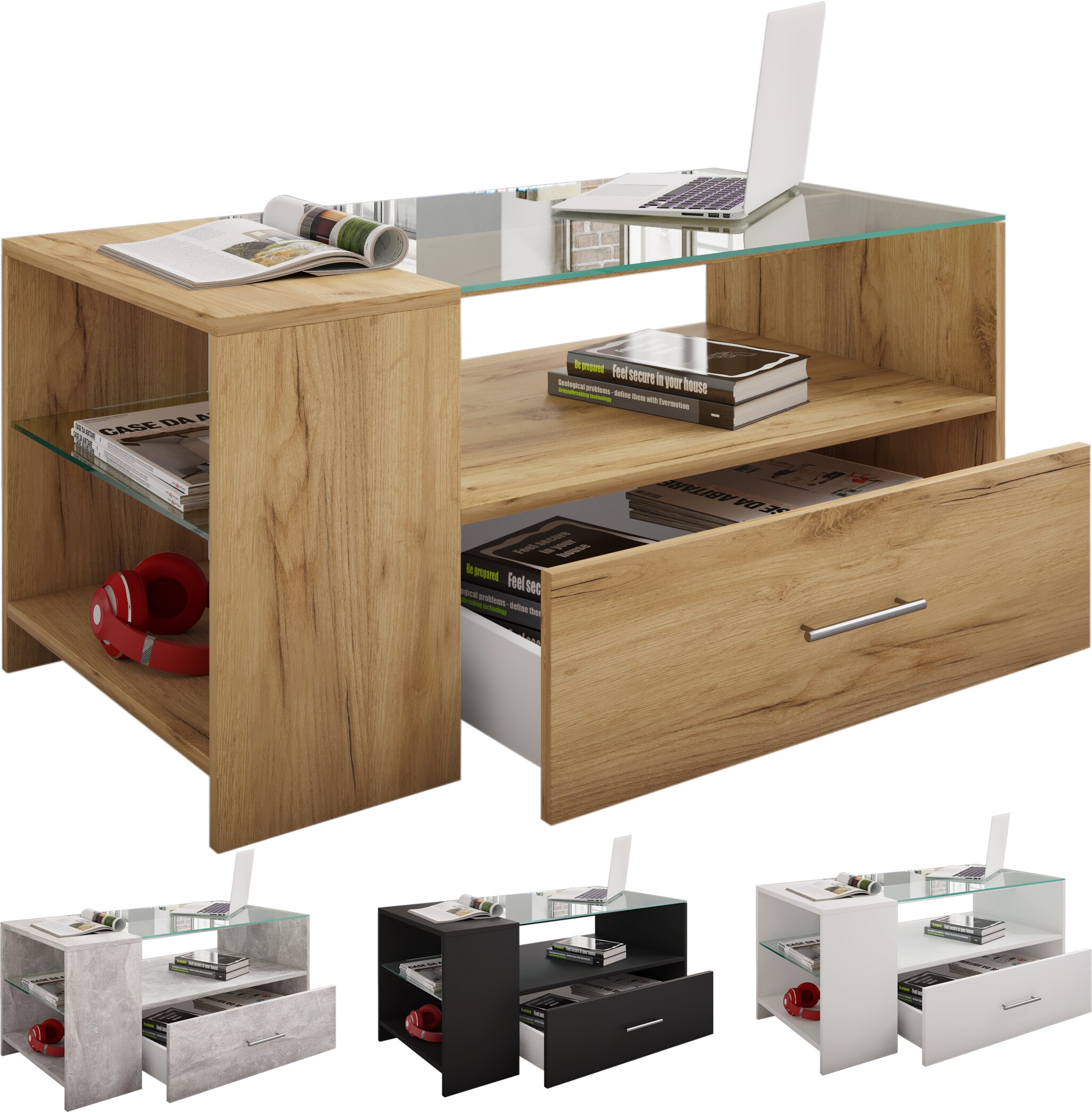 VCM Holz Couchtisch Sofatisch Wohnzimmertisch Beistelltisch Schublade Glas Tindala