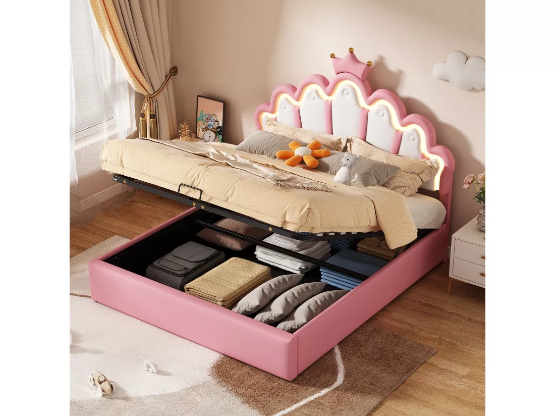 Lit coffre 140 x 200 cm en forme couronne - lit princesse - cuir PU - LEDs - Rose