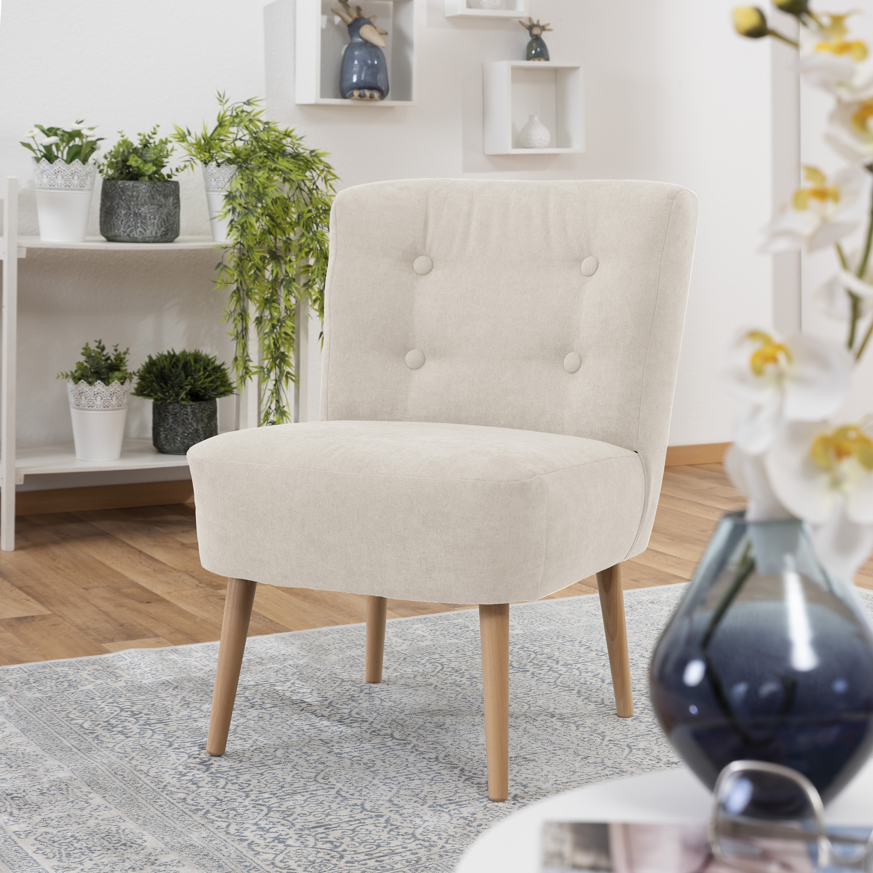 lovingHome® Sessel Fiola Velours beige Polstersessel Stuhl Relaxsessel Füße Buche natur mittlere Sitzhärte