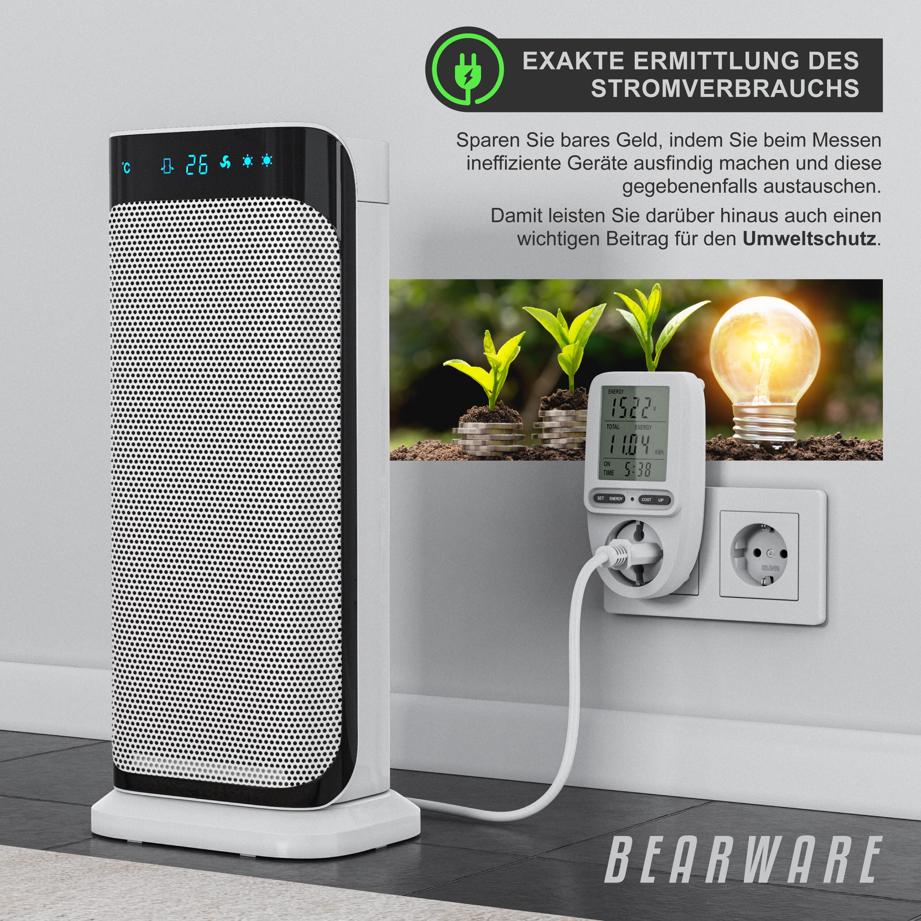 BEARWARE Energiekostenmessgerät Stromkostenmessgerät, max. 3680 W, Strommesser, Stromverbrauchszähler