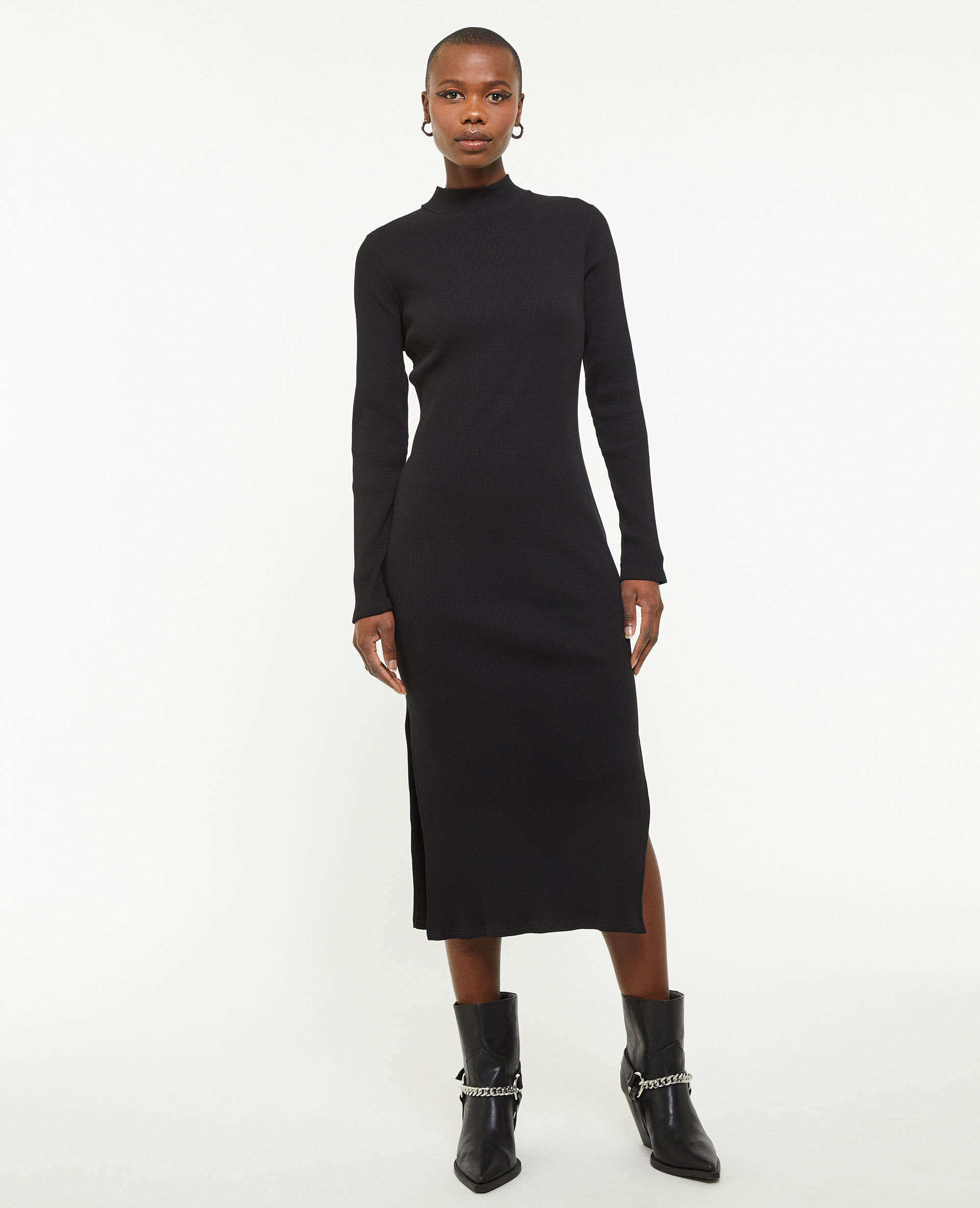 Robe midi moulante en maille côtelée - Noir