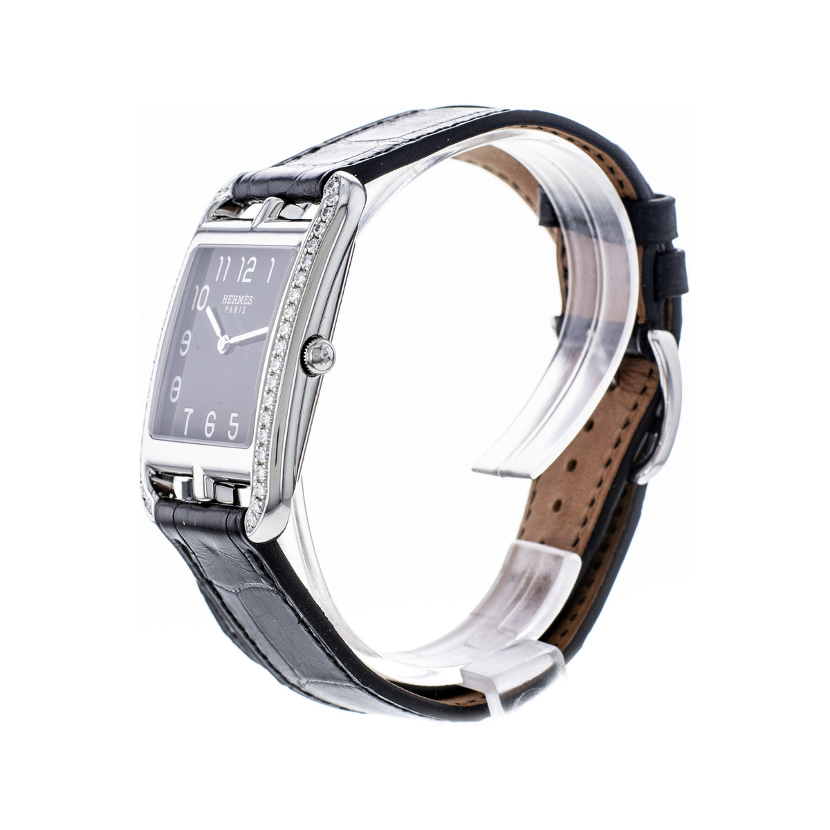 Montre d'occasion Hermès Cape Cod femme acier bracelet cuir noir