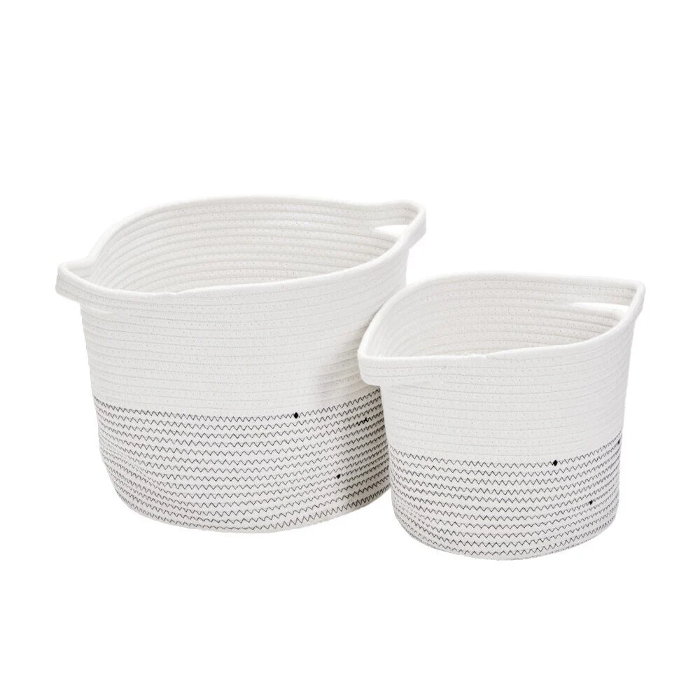 Lot de 2 panières en tissu et coton 2 tailles bicolore blanc et gris Ø38cm et Ø30cm