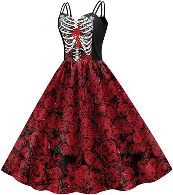 (175cm) Halloween Erwachsenen Kostüm Hexen Skelett Rosen Kleid Verkleidung für Motto Partys / Fasnacht - Schwarz / Rot