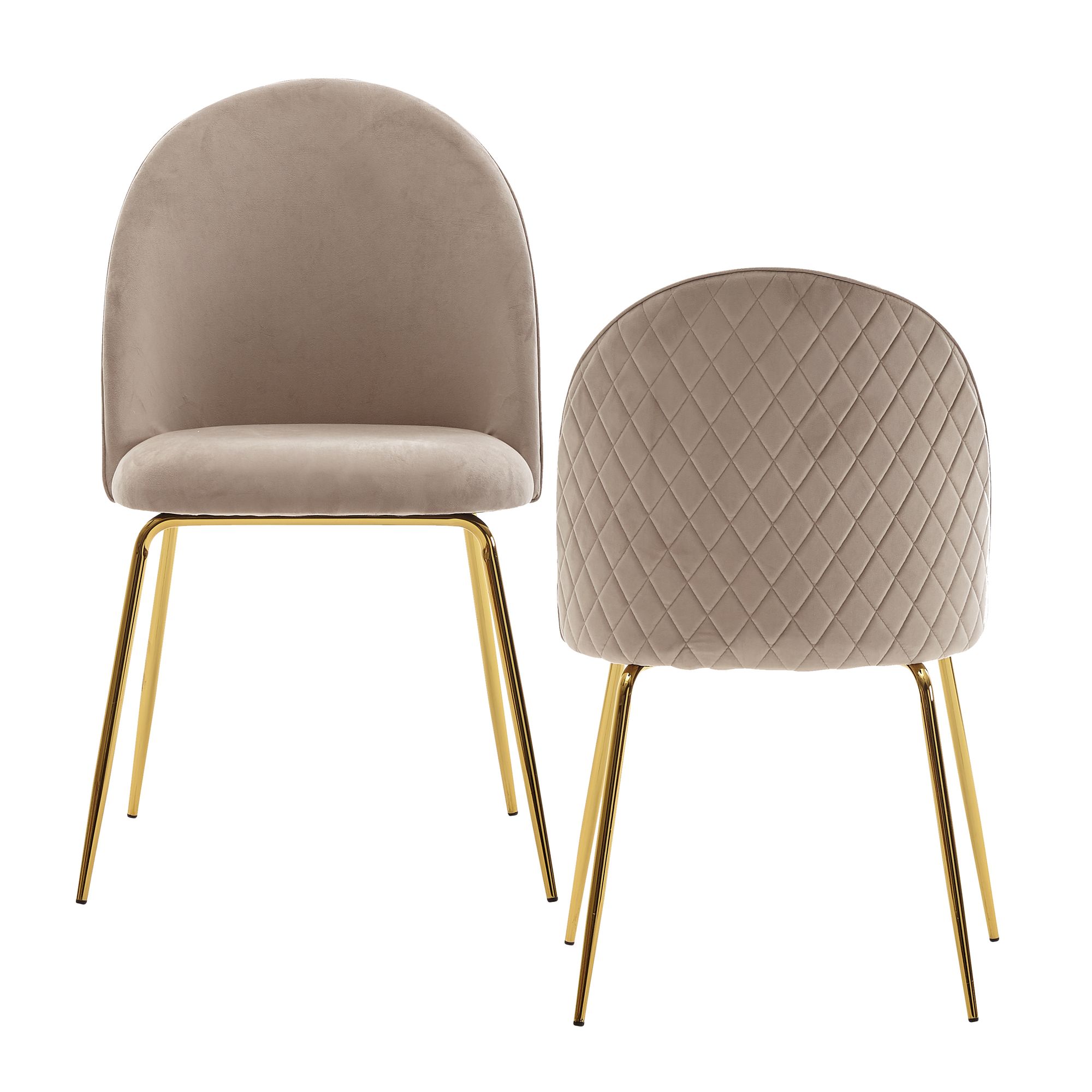 KADIMA DESIGN Skandinavischer Esszimmerstuhl 2er Set POLLY: Diamantrückenmuster, Samtbezug, lackiertes Eisengestell, 53x86x50 cm, Beige/Grün.