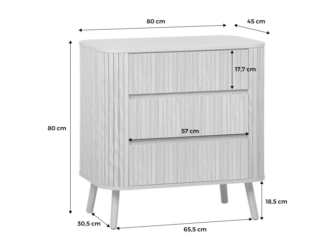 Commode 3 tiroirs. décor strié naturel. L 80x P 45 H 80cm
