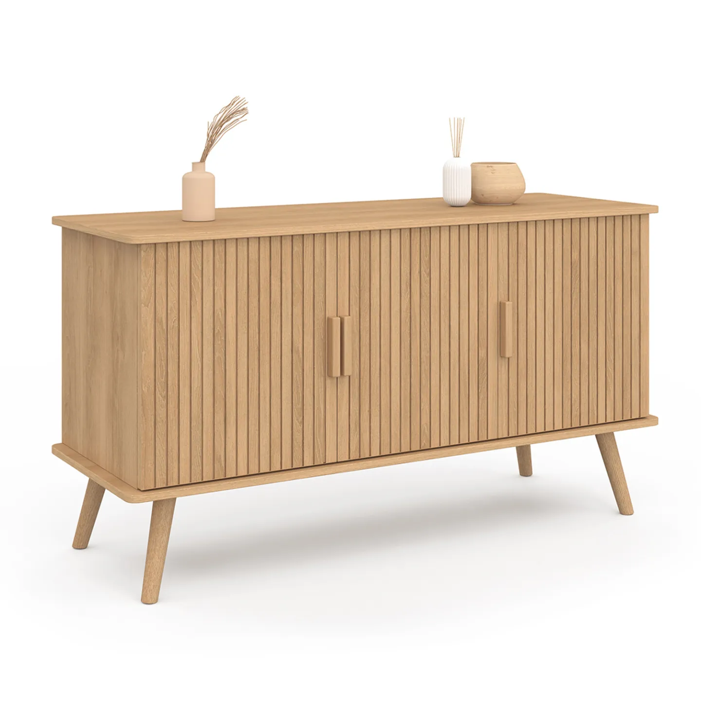 Buffet 110 cm JULIETTE 3 portes lattes tasseau bois coloris chêne