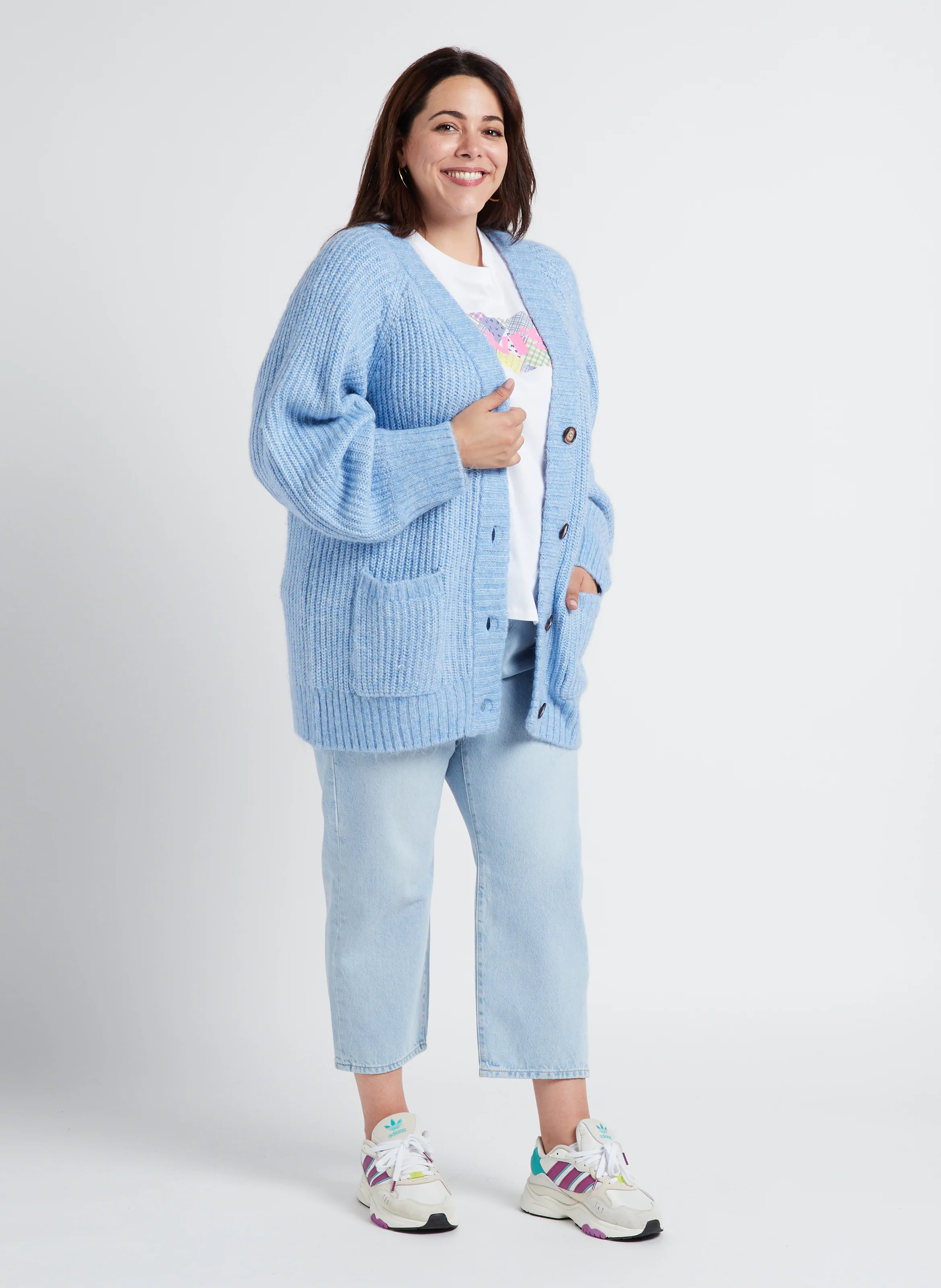 Cardigan oversize col V boutonné | Bleu