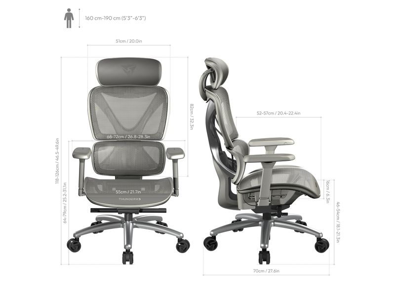 ThunderX3 Bürostuhl XTC-Mesh Grau Ergonomischer Bürostuhl