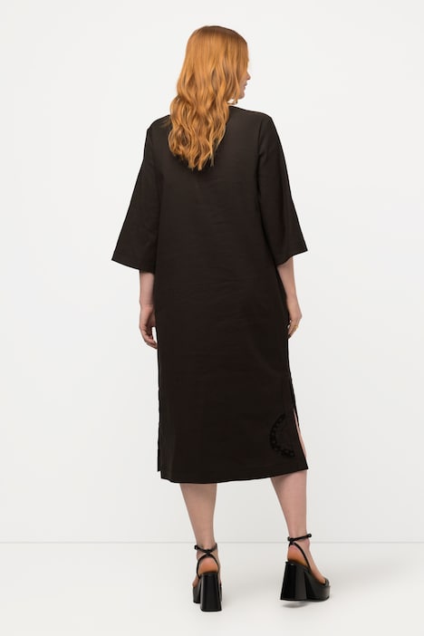 Midikleid, Leinenmix, Stickerei, V-Ausschnitt, 3/4-Arm