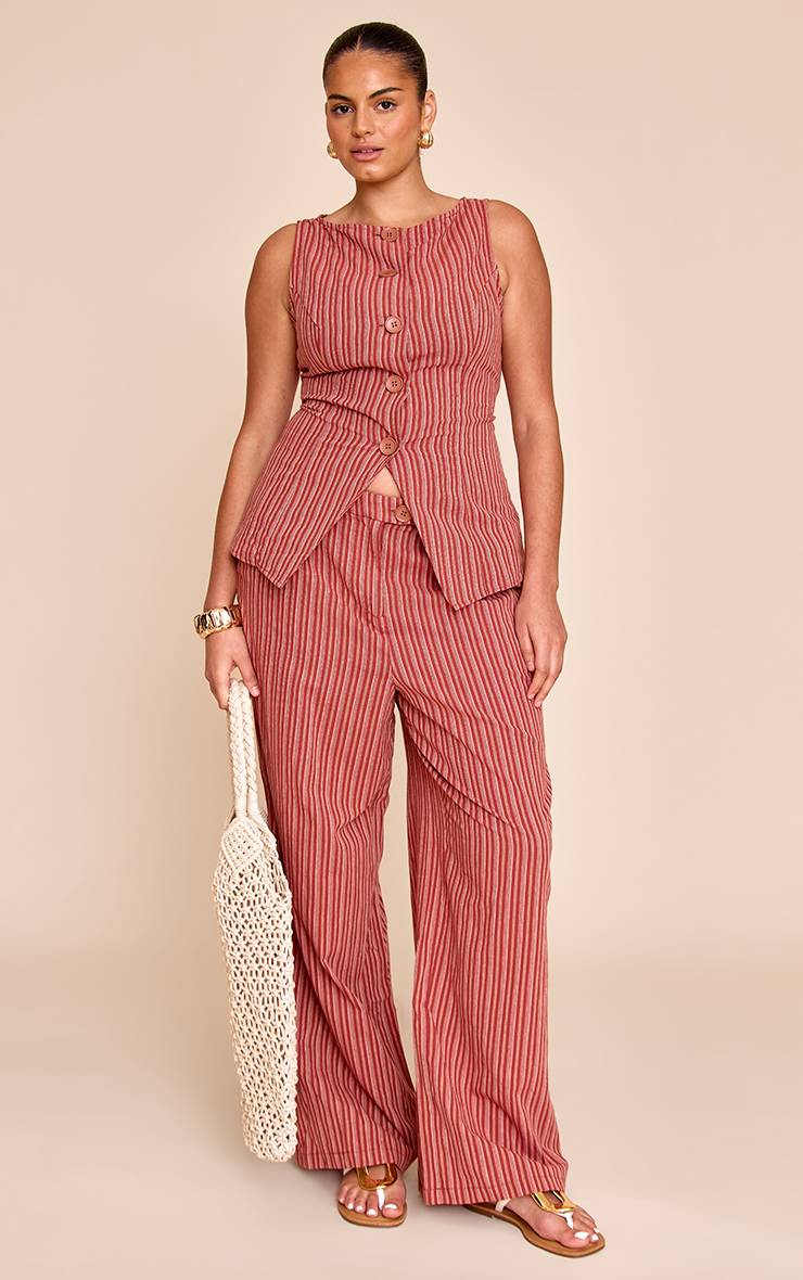 Rouge Pantalon Large À Rayures Aspect Lin Grande Taille
