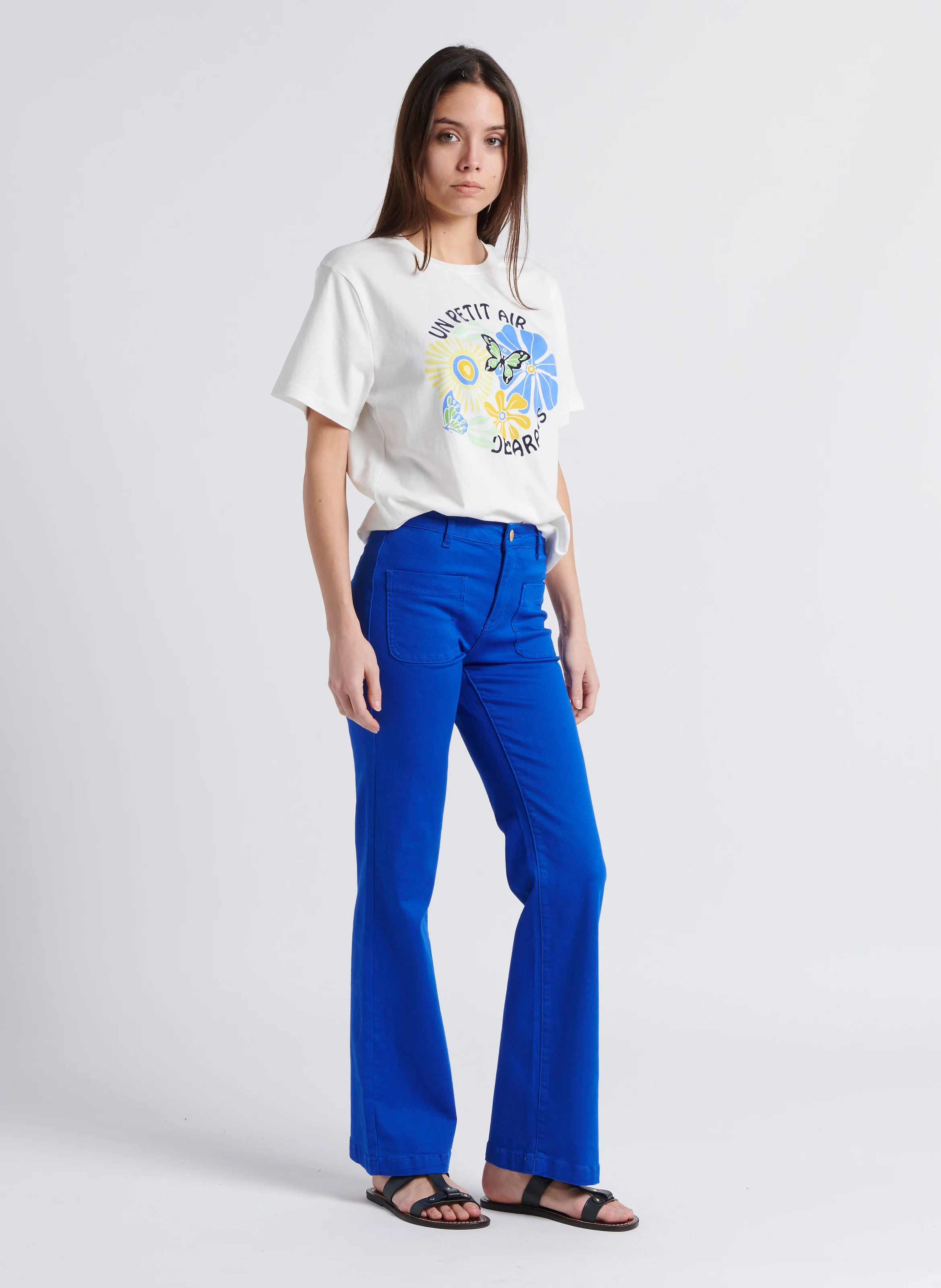 SONNY - Jean flare taille haute en coton stretch| Bleu