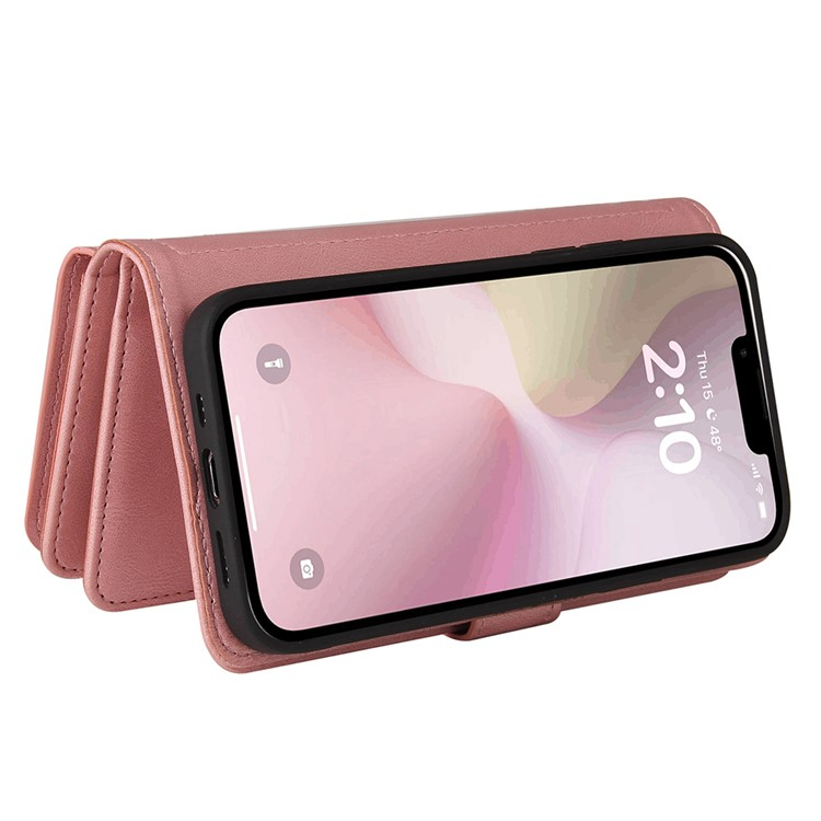 iPhone 16e Leder Tasche Flip Cover Kartenfächer mit Druckknopfverschluss   Handschlaufe - Rosa