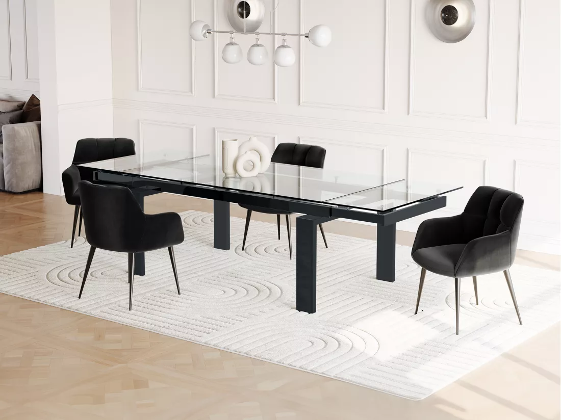 Table à manger extensible LUBANA - Verre trempé & métal - Noir - 8 à 10 personnes