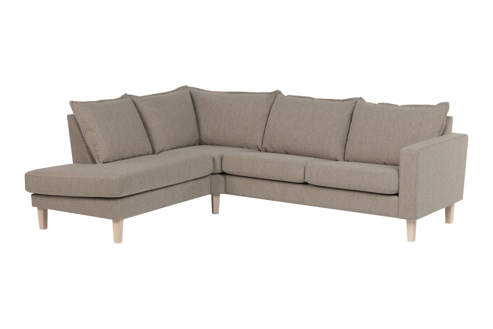 Slogen hjørnesofa Oppsett AV. 2,5-seter med åpen ende venstre. Tekstil Viva Earth med soft ryggpute. Vange B og hvitpigmentert ben 178.