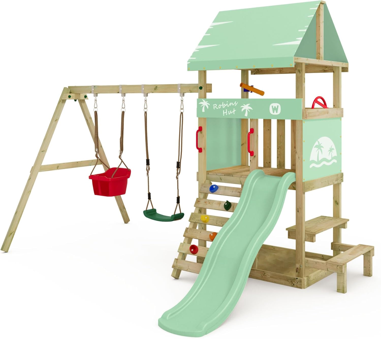 Wickey Spielturm DinkyHouse mit Picknicktisch - pastellgrüne Rutsche & Plane - Kinder Kletterturm für den Garten aus Massivholz - 334x317x247 cm