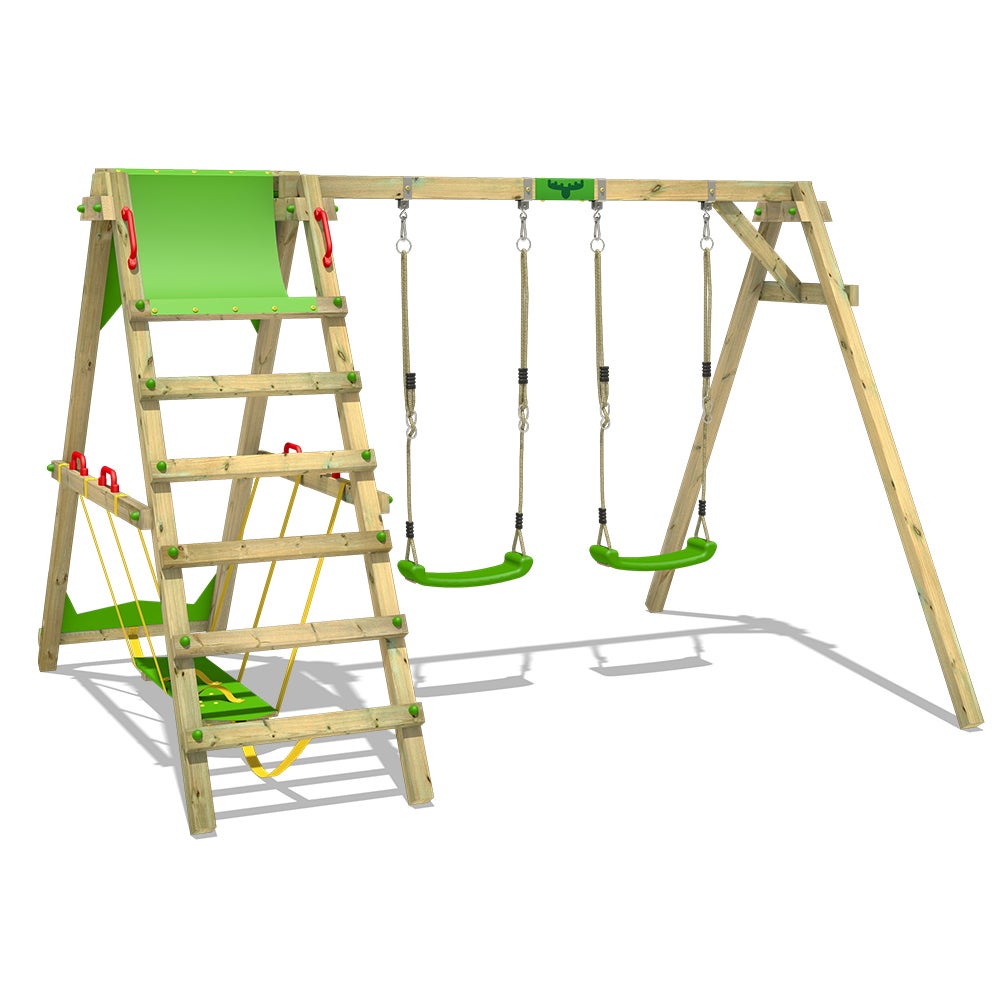 FATMOOSE Kinderschommelset JollyJade Schommel, Schommelframe, Dubbele Schommel, Houten Schommel met Klimopbevestiging - Appelgroen