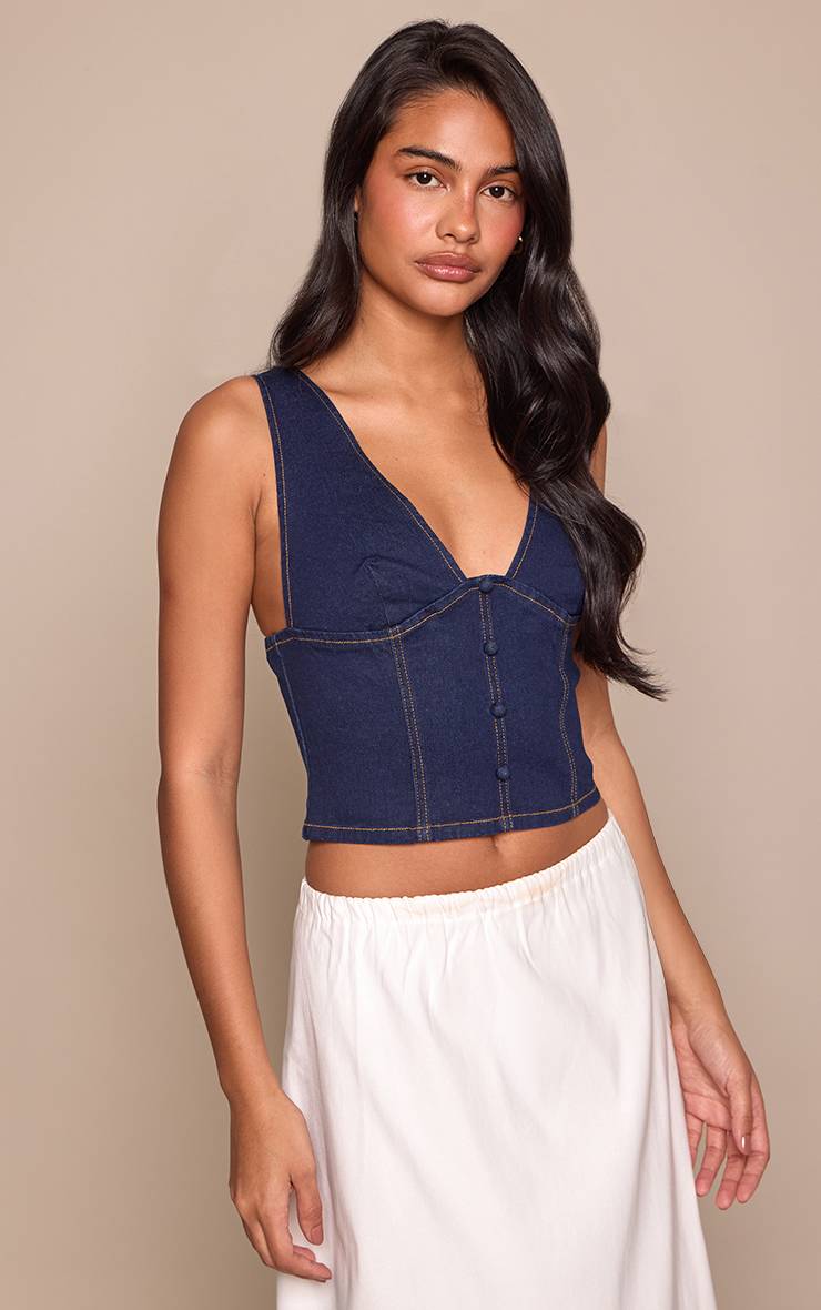 Bleu Indigo Haut En Denim Décolleté Avec Boutons Recouverts