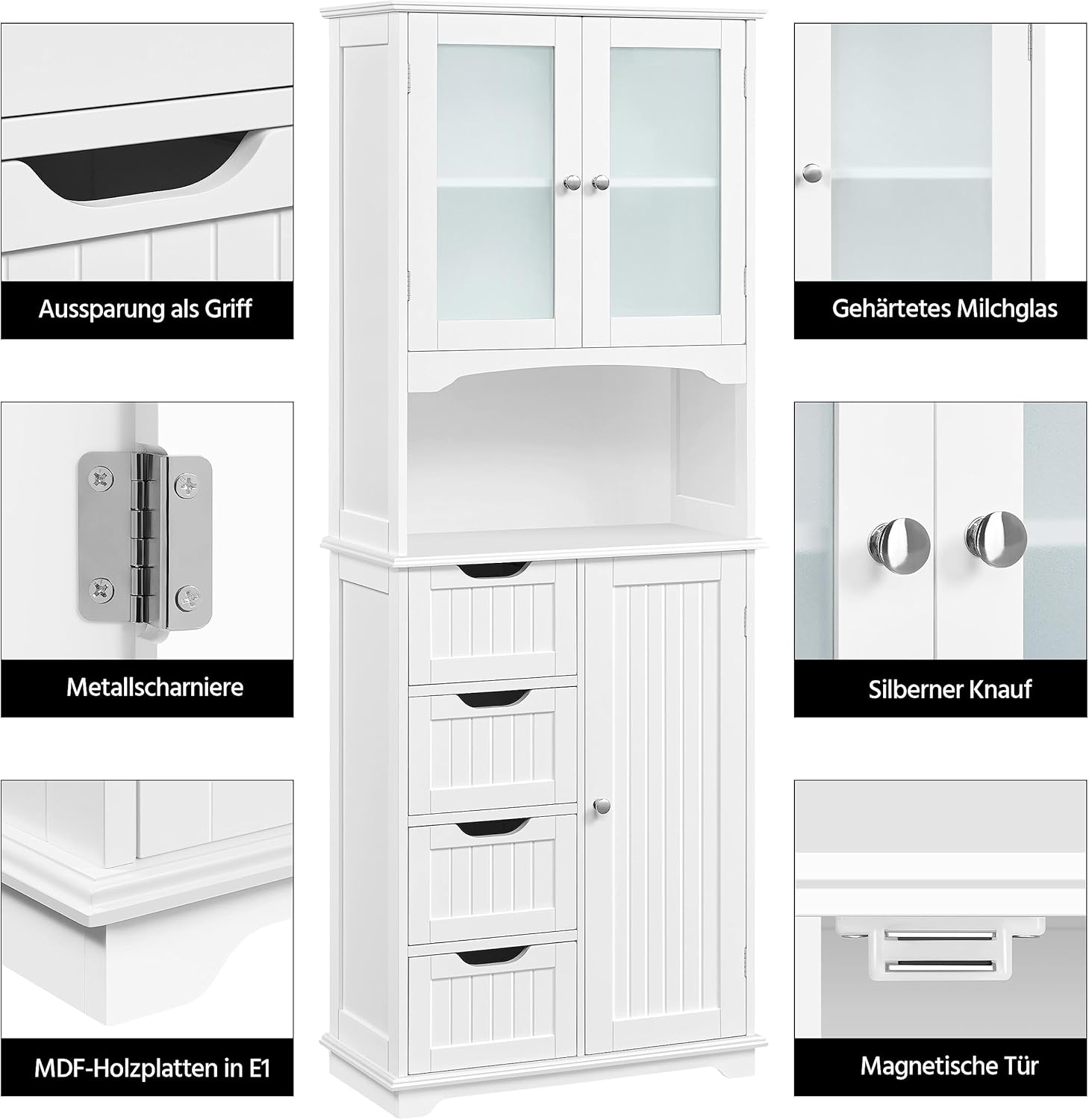 Yaheetech Badezimmerschrank Hochschrank Badschrank Küchenschrank mit Glastüren & Ablagefach Aufbewahrungsschrank Badkommode mit 4 Schubladen und verstellbarem Einlegeboden, 63x30x165,5 cm