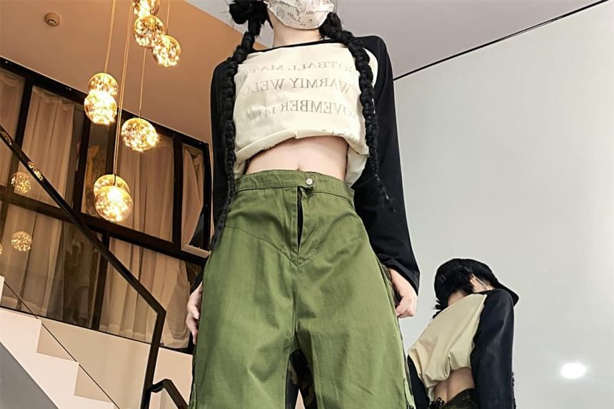 Vhancy - Hoge taille camouflage patchwork cargo broek met wijde pijpen