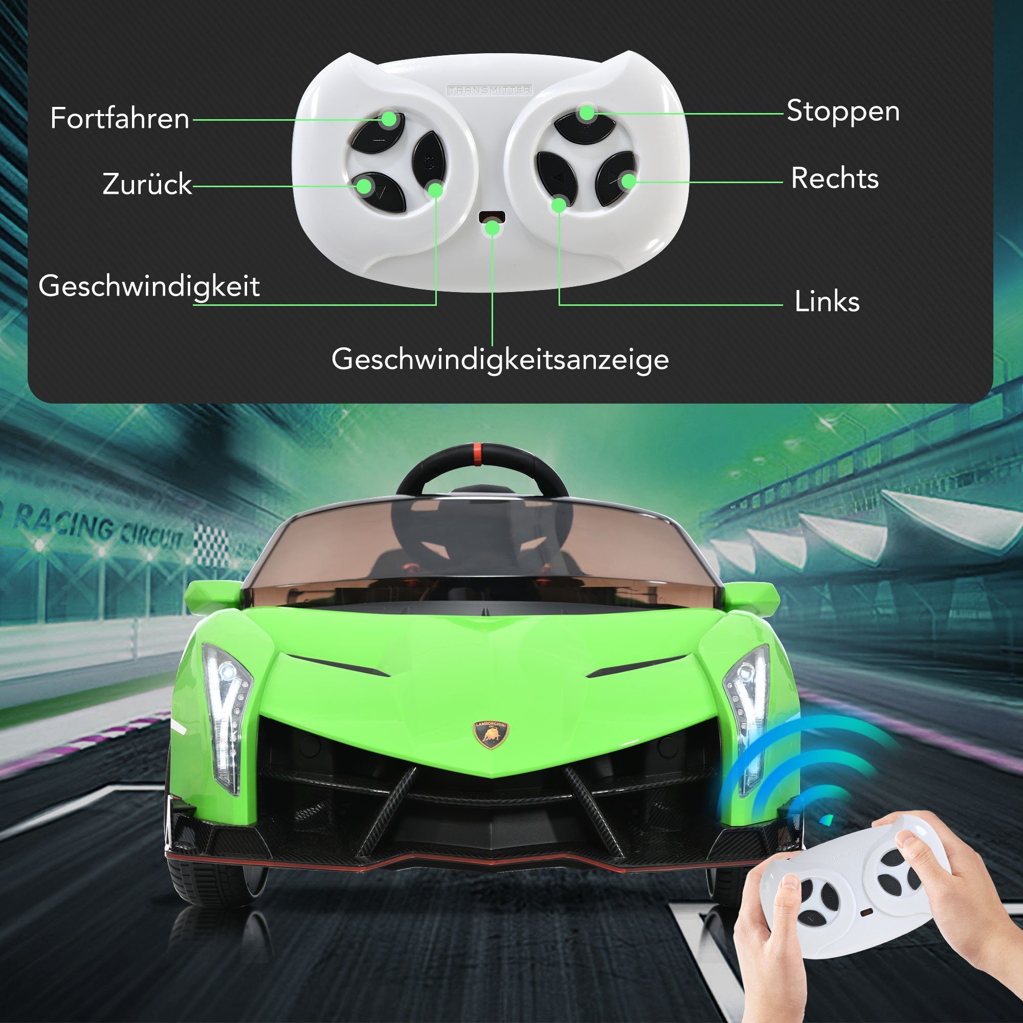 Carrinho elétrico infantil REDOM LAMBORGHINI VENENO com 2 motores, Bluetooth, portas duplas, 3 velocidades e música MP3, indicado para crianças a partir de 3 anos.