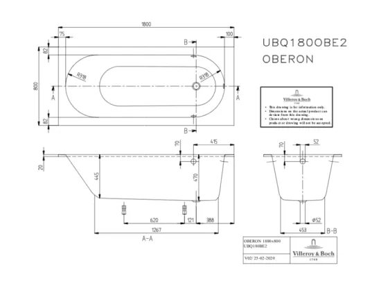 Baignoire droite 180 X 80 VILLEROY ET BOCH Oberon Solo Quaryl
