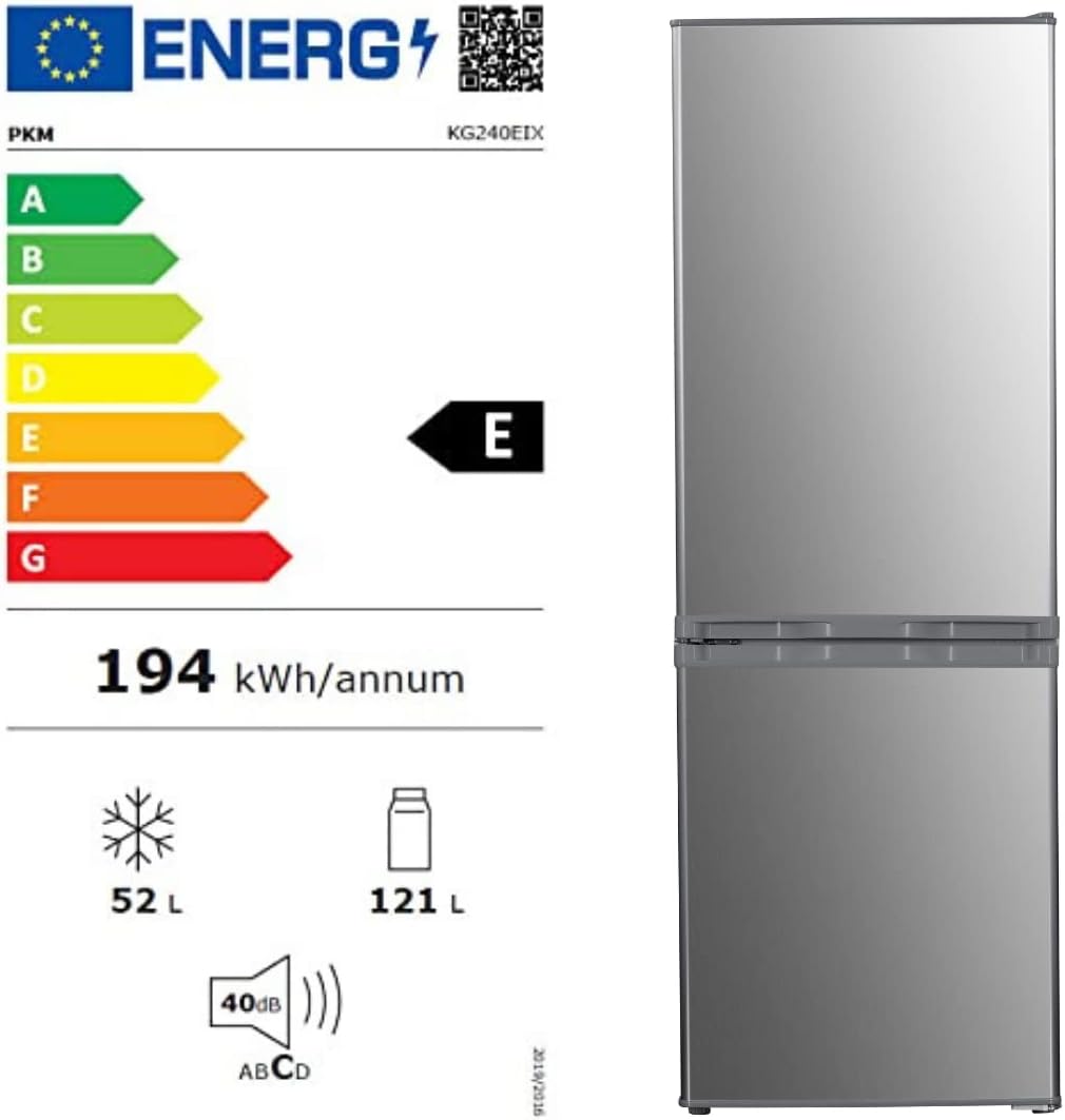 PKM Kühl-Gefrierkombination KG220EIX | 121L Kühlteil+52L Gefrierteil | 4****Gefrierfach | Leiser Betrieb 40dB | Sparsame LED-Innenbeleuchtung | Energieverbrauch 194kWh/Jahr |INOX Design