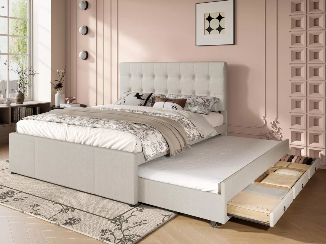 Lit rembbourré 140x200cm avec lit gigogne 90x190cm - en tissu lin - avec 3 tiroirs et sommier à lattes - Beige