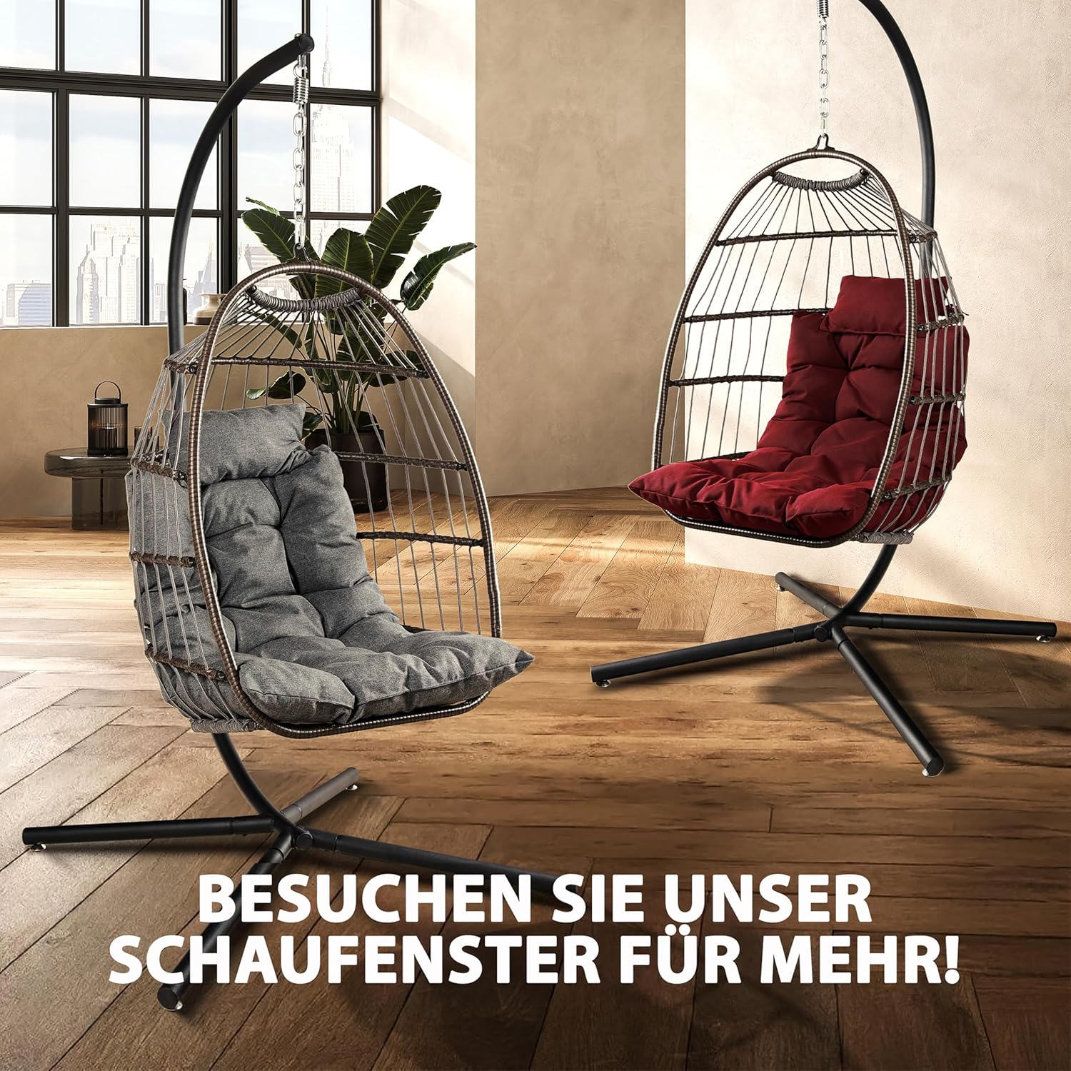 SereneLife Hängesessel mit Gestell Rot – Schaukelstuhl Relaxsessel bis 250kg Faltbarer Hängesessel mit dicken Kissen für Balkon, Garten, Indoor - Wetterfest & platzsparend