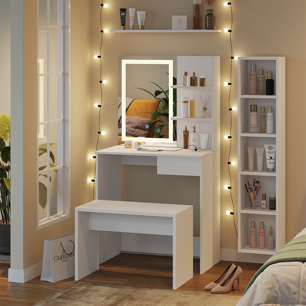 Vicco Schminktisch Dekos Weiß 75 cm mit LED-Spiegel QI-Ladestation und Bank