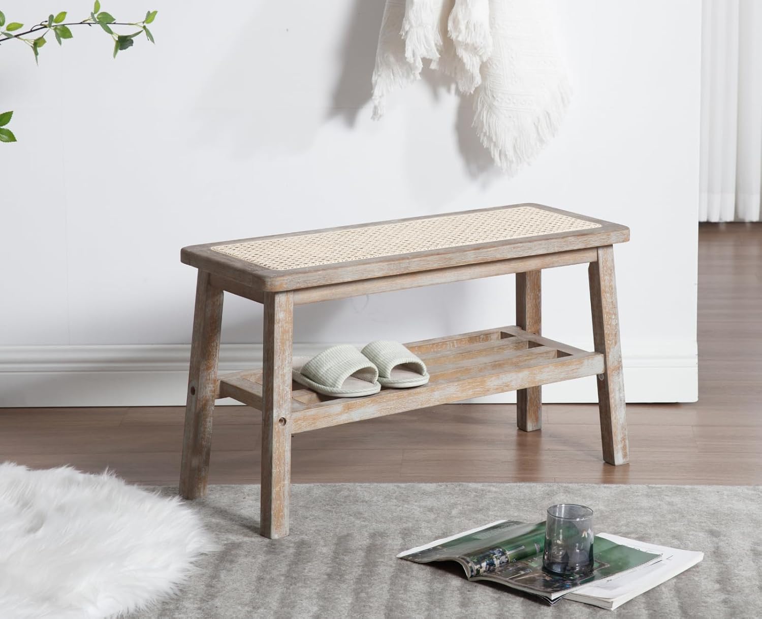 chairus Holz Küchenbank Sitzbank aus Rattan Schuhbank Sitztruhe für Flur Schuhregal für Wohnzimmer Eingangsbereich Bettbank Schlafzimmer (Beige)