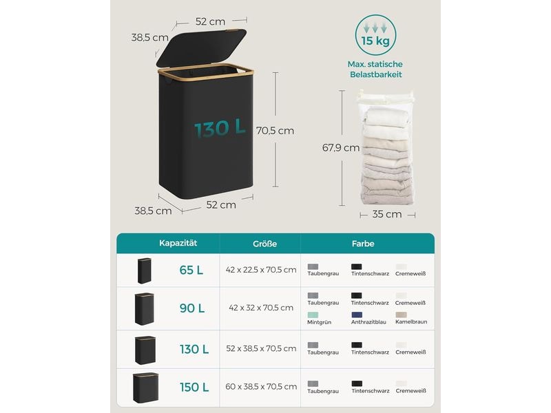 Songmics Wäschekörbe 65 l, Schwarz Wäschesammler mit zwei Fächern