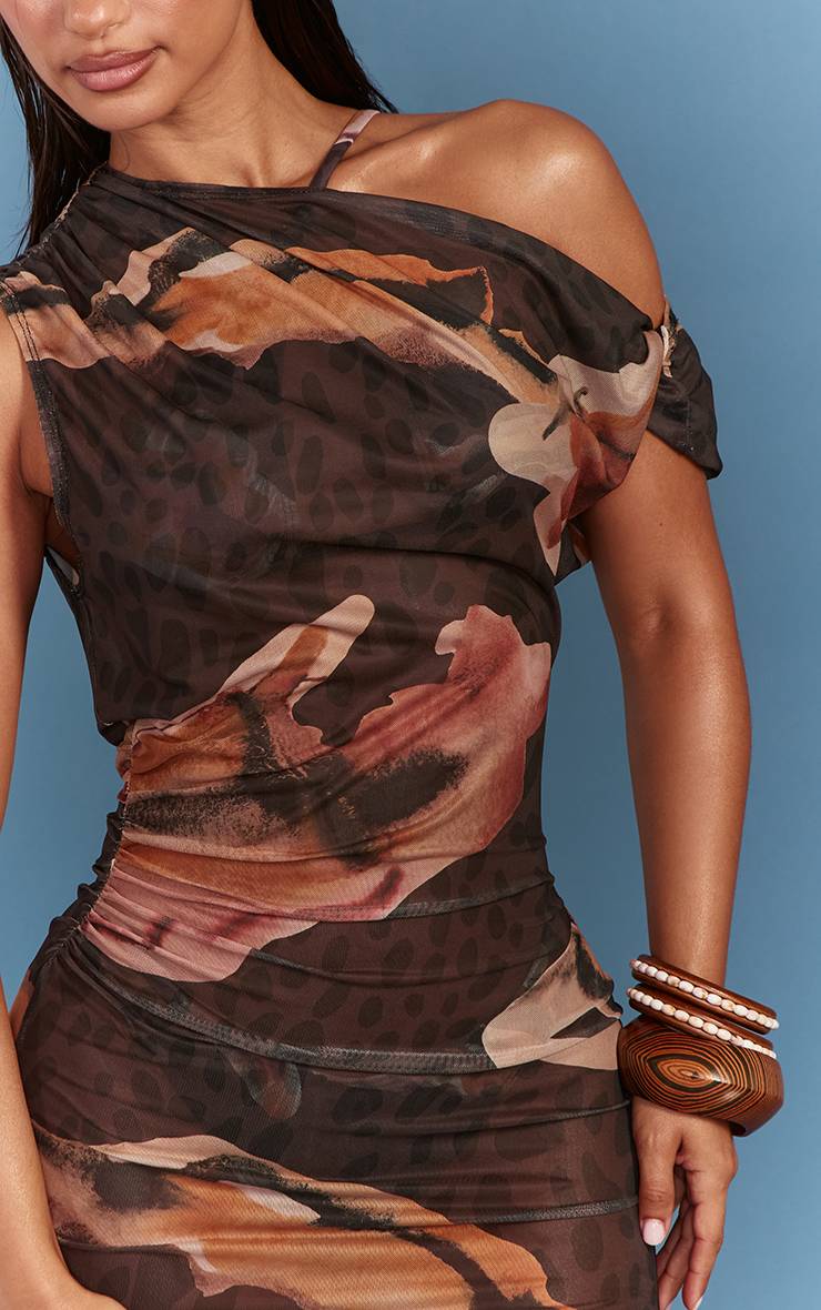 Marron Robe De Plage Mini En Mesh À Imprimé Animal Avec Détail Épaule Torsadée