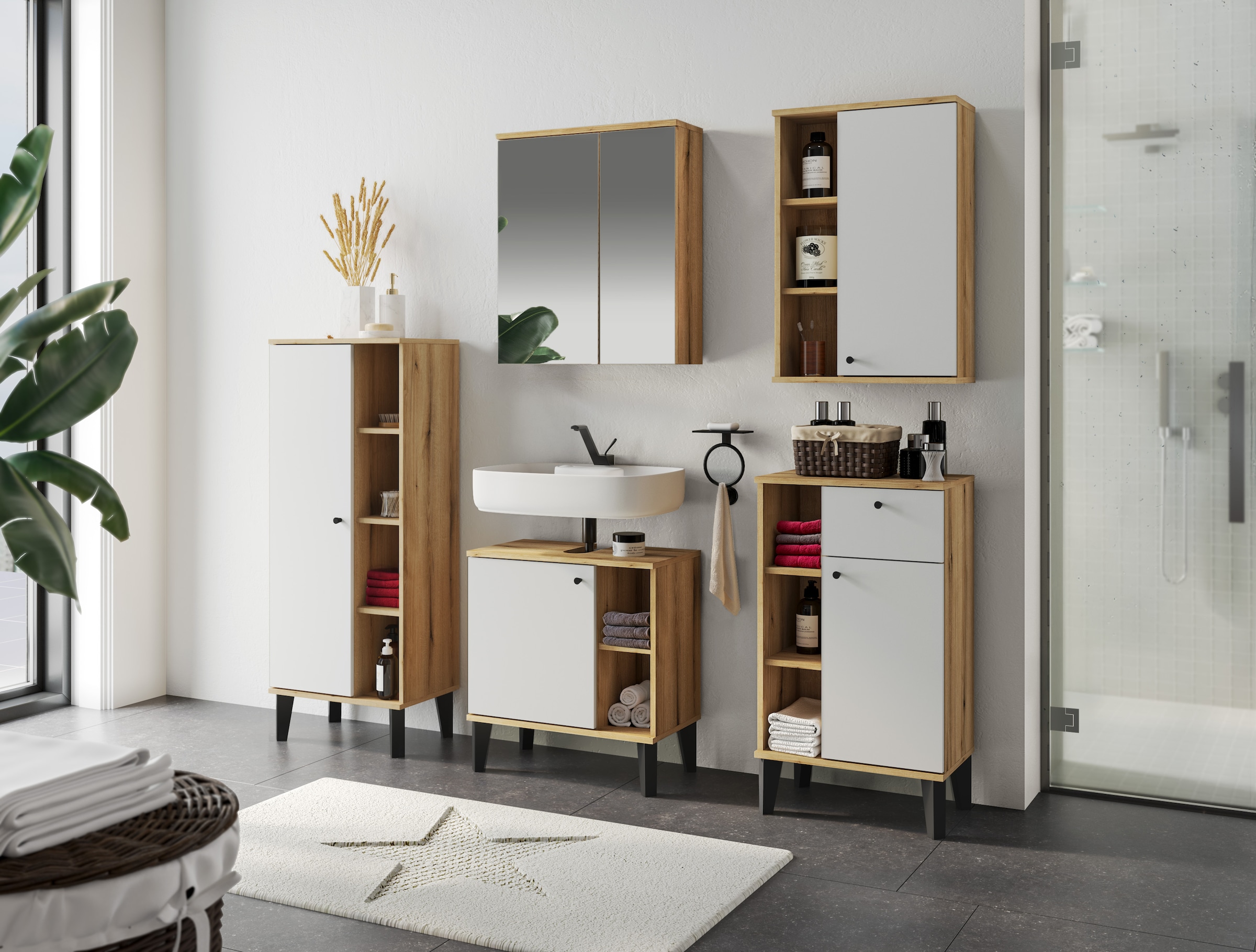 INOSIGN Badspiegel »Oslo, Spiegelschrank in Eiche Evoke, Spiegel im skandinavischen Design« Aufbewahrungsschrank mit 2 Spiegeltüren, wahlweise mit LED