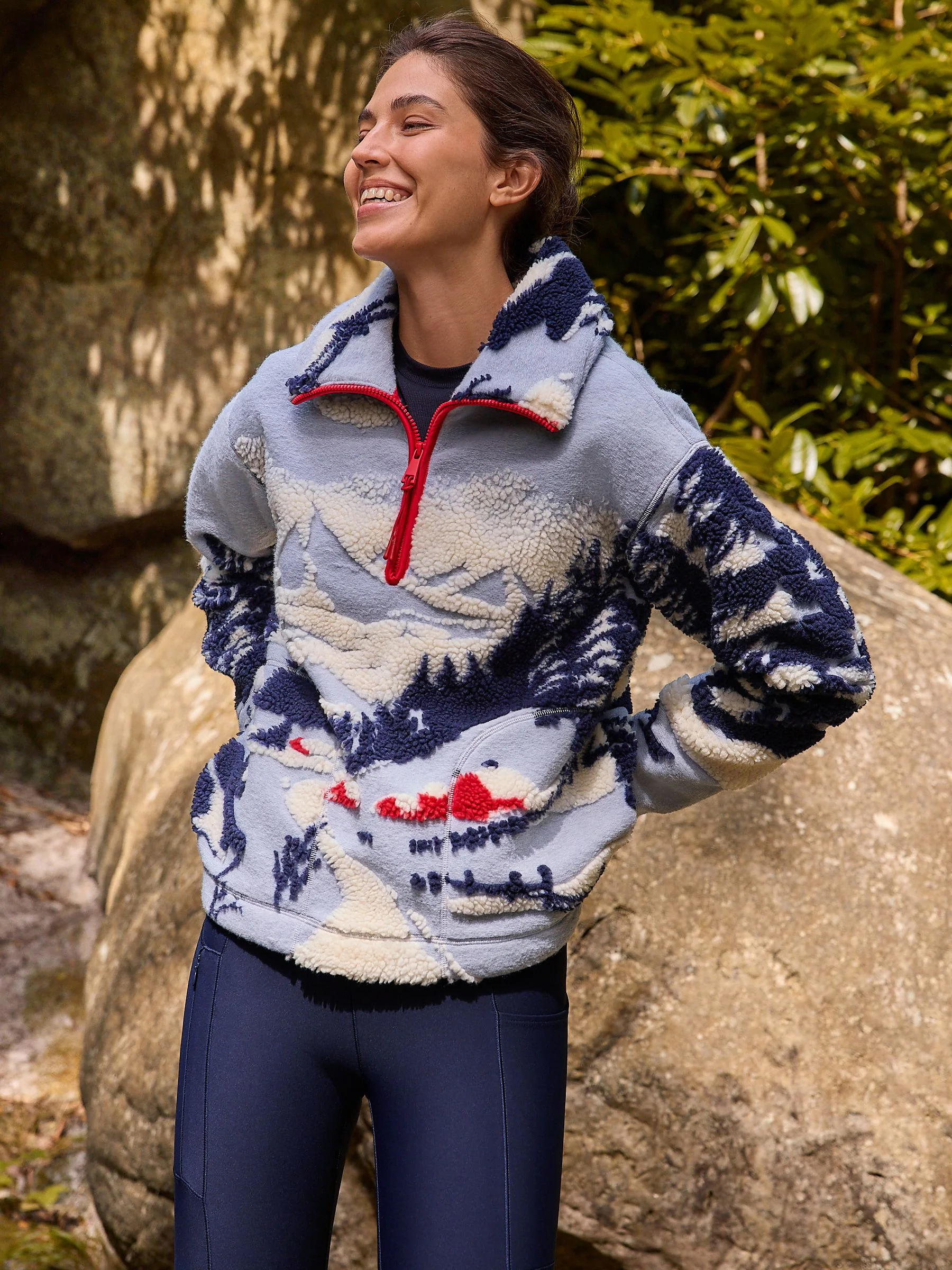 Blauwe grafische winterlandschap - Soft Touch Knusse Teddy Borg Kwartrondrits Fleece