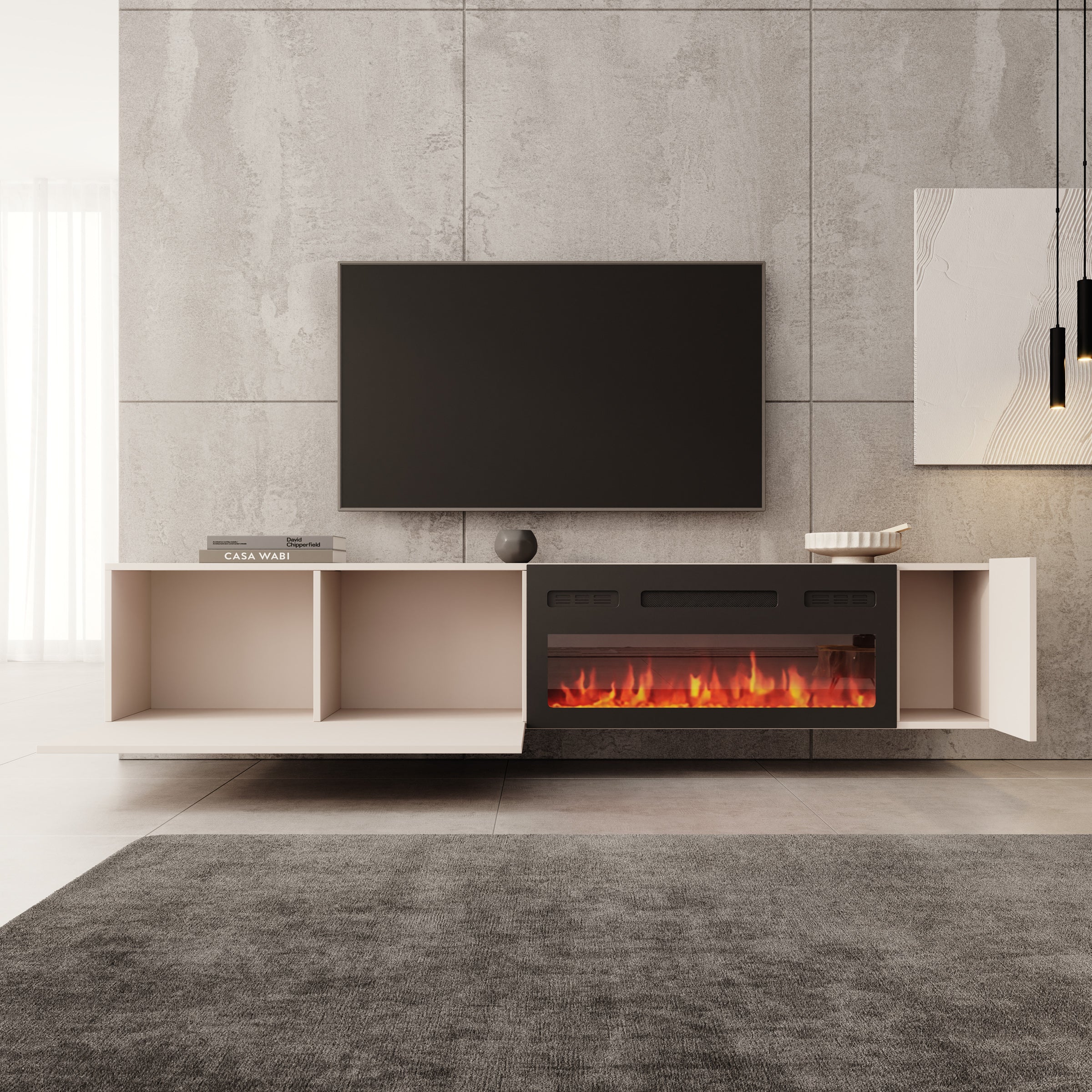 Cruzar - TV-Meubel met sfeerhaard - Beige - 200x30x38 cm