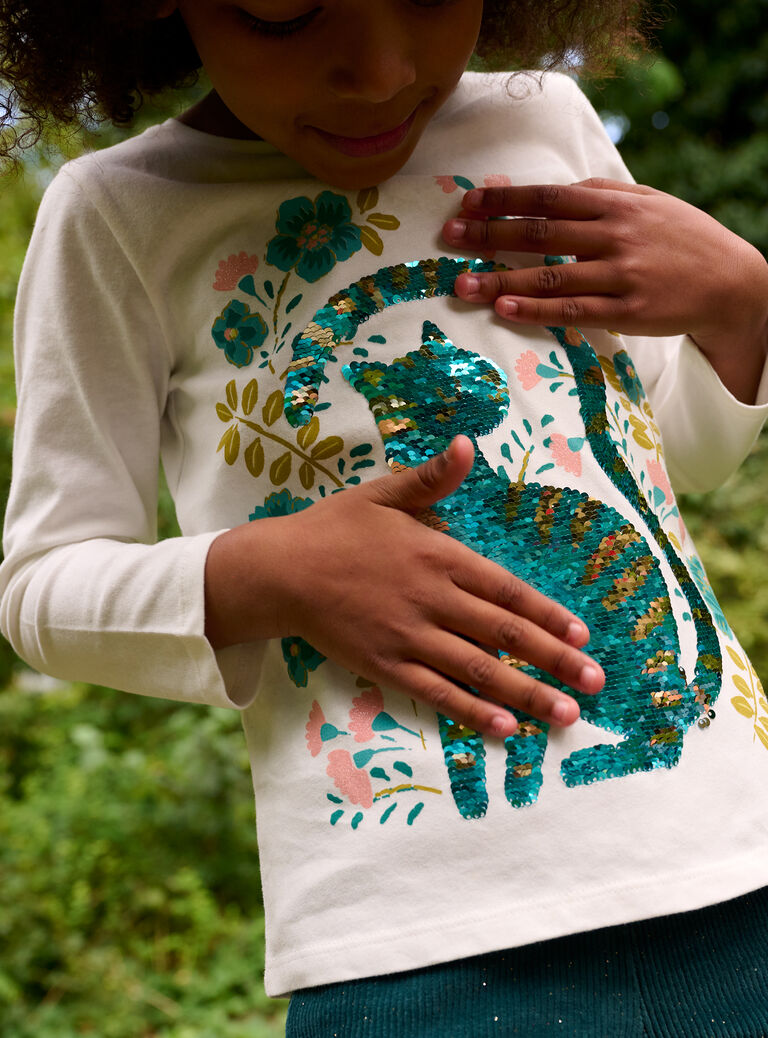 T-shirt écru à animation chat pour fille